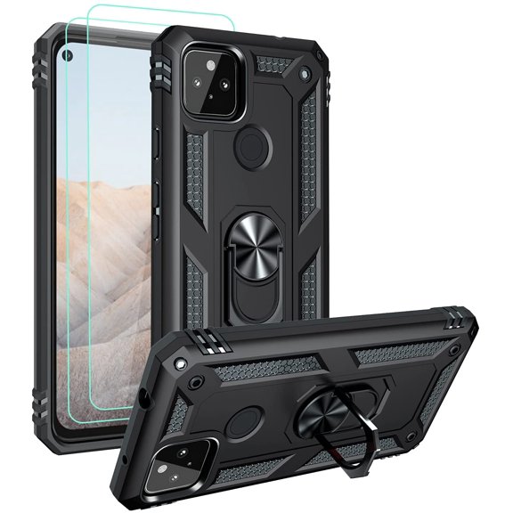 Designed for Google Pixel 5A Case with HD Screen Protectors, Military-Grade Metal Ring Holder Kickstand 15ft Drop Tested Shockproof Cover Case for Pixel 5A 5G Black