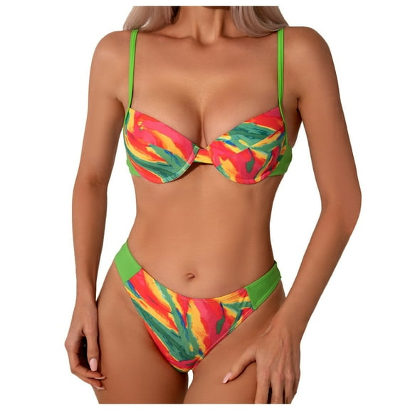 Cathalem Two Piece Swimsuit for Women Women's Sexy Thong Bottom Two Piece Bikini Double Shoulder Straps Cute Swimsuit (Green,L)