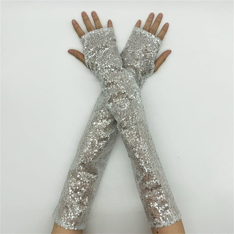 Prolriy Long Gloves Women Formal Fashion Sparkly Gloves Sequins Long Gloves Fingerless Elastic Gloves Glitter Costume for Women and Girls Opera Gloves Grey