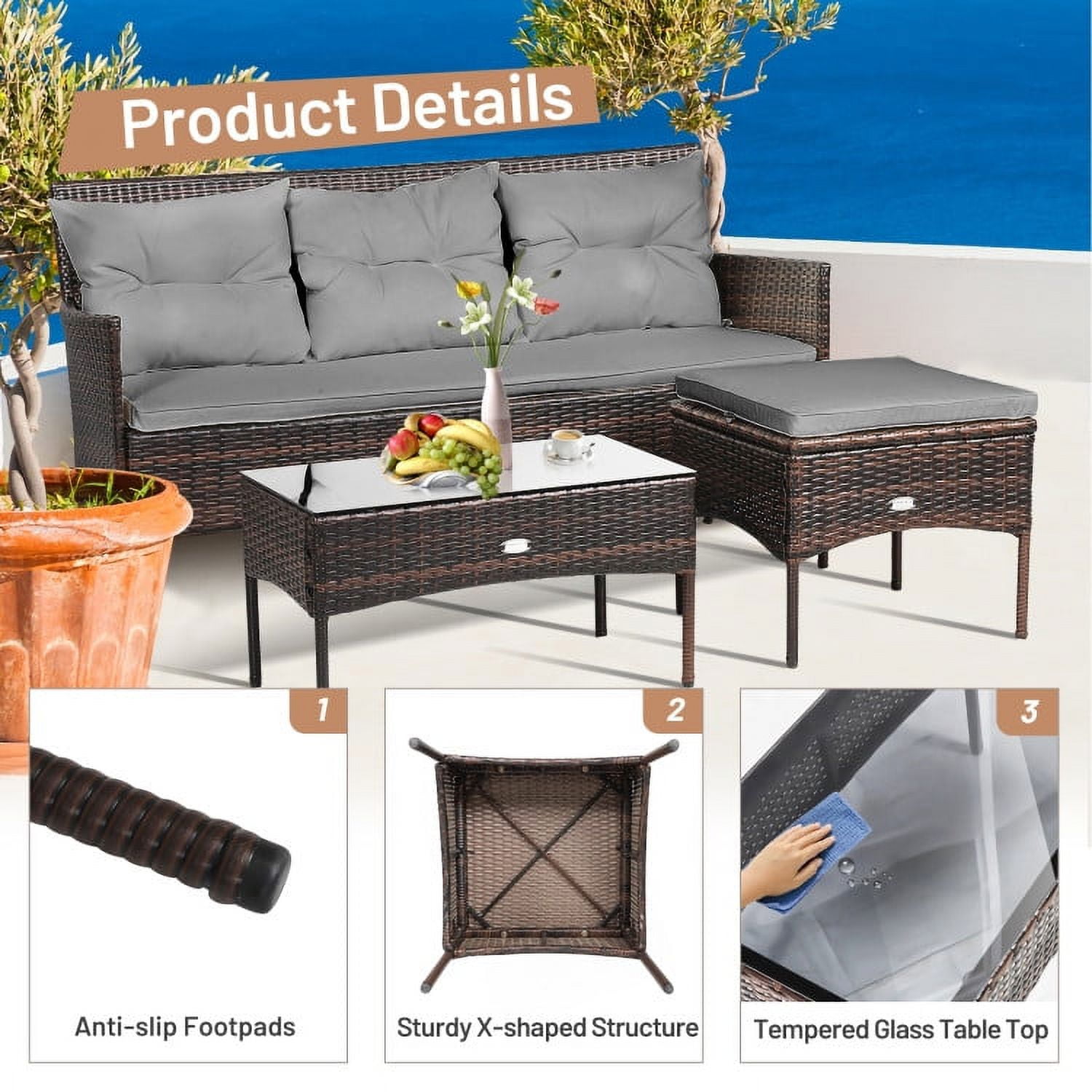 Aimee Lii 3 Pieces Patio Furniture Sectional Set with 5 Cozy Seat and Back Cushions, Outdoor Wicker Patio Furniture Set, Gray