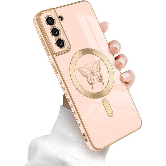 for Samsung Galaxy S21 Plus 5G Magnetic Case, Cute Butterfly Plating Edge Case with MagSafe for Women Girls Men Soft TPU Bumper Shockproof Protective Cover for Samsung Galaxy S21 Plus-Pink