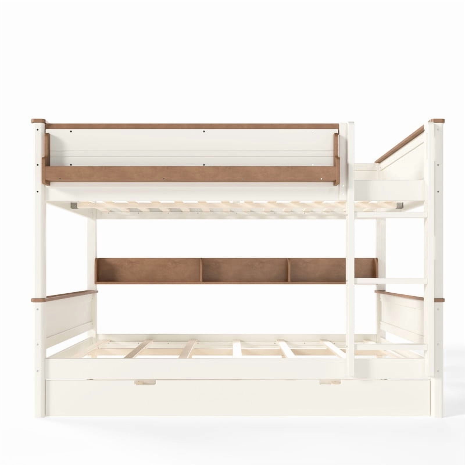 Queen-Over-Queen Wooden Bunk Bed Frame with Trundle, Detachable Bed Convertible Into 2 Platform Beds, Kids Storage Bed with Shelf