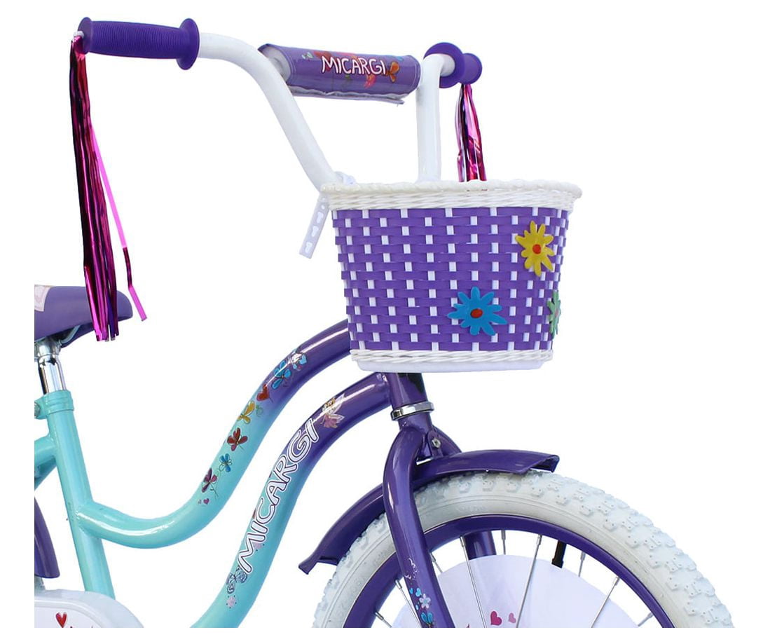 PlayWorld 20 In. Cruiser Steel Frame Bicycle Coaster Brake One Piece Crank, White Full cover Chain Guard, Purple Baskets, Fenders & Rims, White Tire Kid's Bike - Purple/Baby Blue