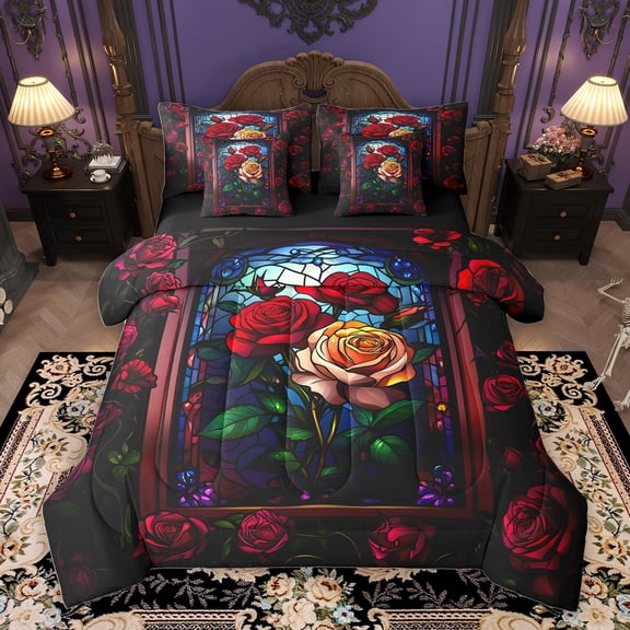 Homewish Romantic Rose Flwoer Twin Bedding Sets 7-Piece, Bohemian Western Plant Bedding Comforter Set, Teens Adult Female Reversible Sheet Sets, Lightweight Room Decor