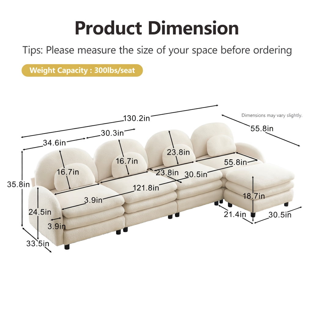 Hommoo Teddy Fleece 4-Seat Modular Sectional Sofa with Curved Backrest, Movable Ottoman & Double-Layer Cloud Cushions, Beige