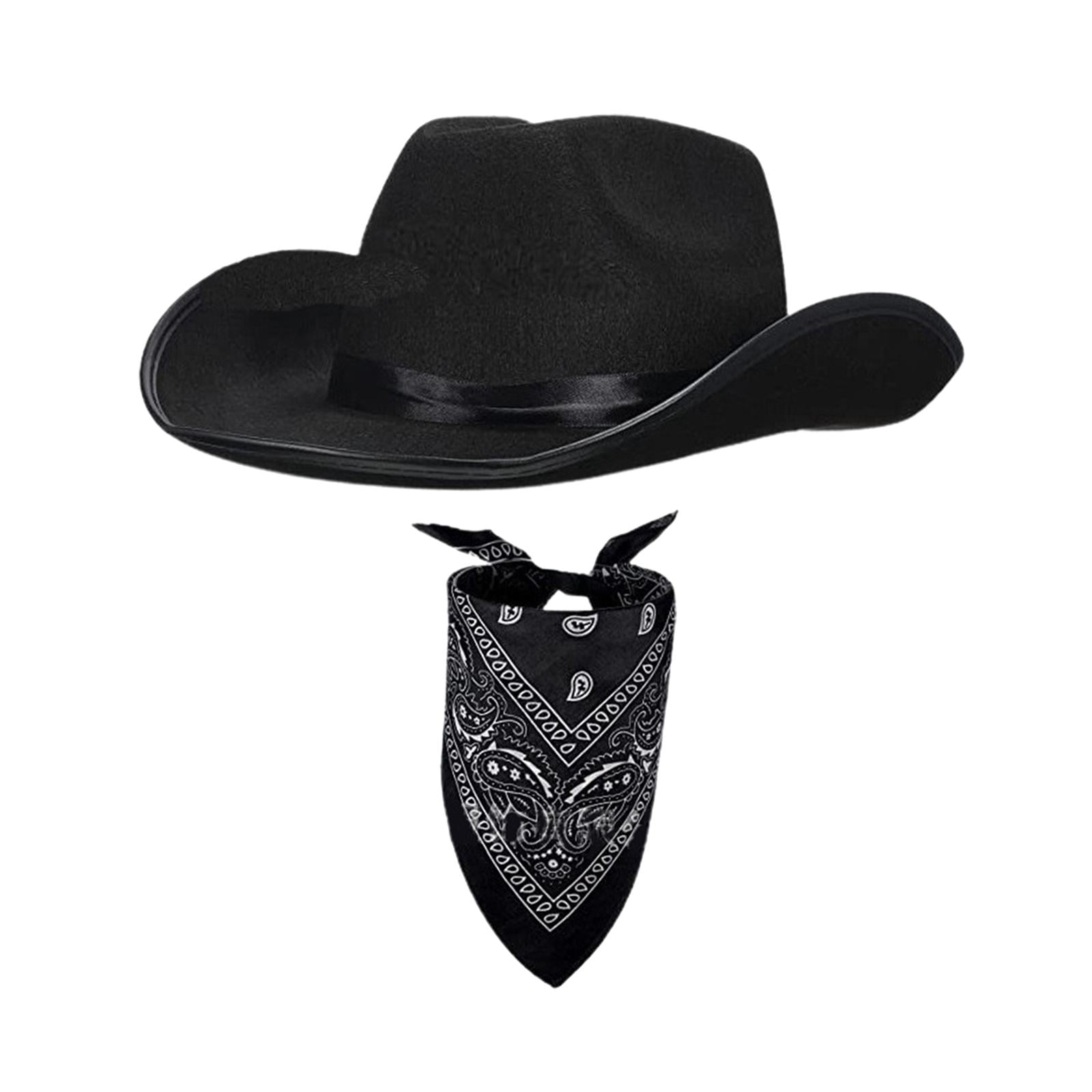 2439 Cowboy Hat For Women Men With Wide Brim Western Set With Black Bandana ADULTS COWBOY HAT & BANDANA SET WESTERN FANCY DRESS WILD  main image 3