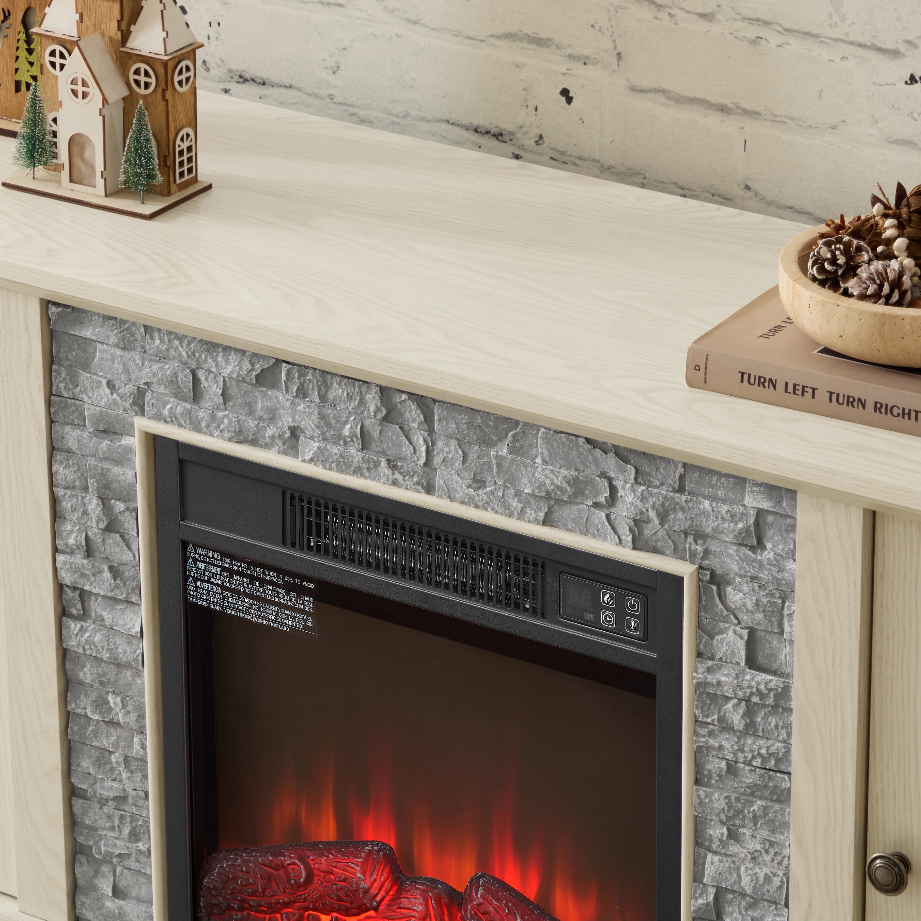 Fireplace TV Stand for TVs up to 65", Paproos Farmhouse TV Stand with 18" Electric Fireplace, Entertainment Center Televison Console Table with Realistic Stacked Stone & Adjustable Shelves, White