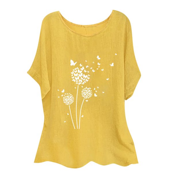 Birdeem Mode Femmes Coton et Lin Imprimé Col Rond Manches Courtes Haut Chemises Blouses