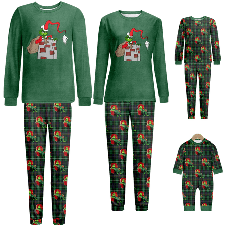 

Family Christmas Pajamas Sleepwear Set The Grinch Plaid Print Sizes for Adult-Kids-Baby-Pet 2-Piece Top and Pants Bodysuits Xmas Pjs Set