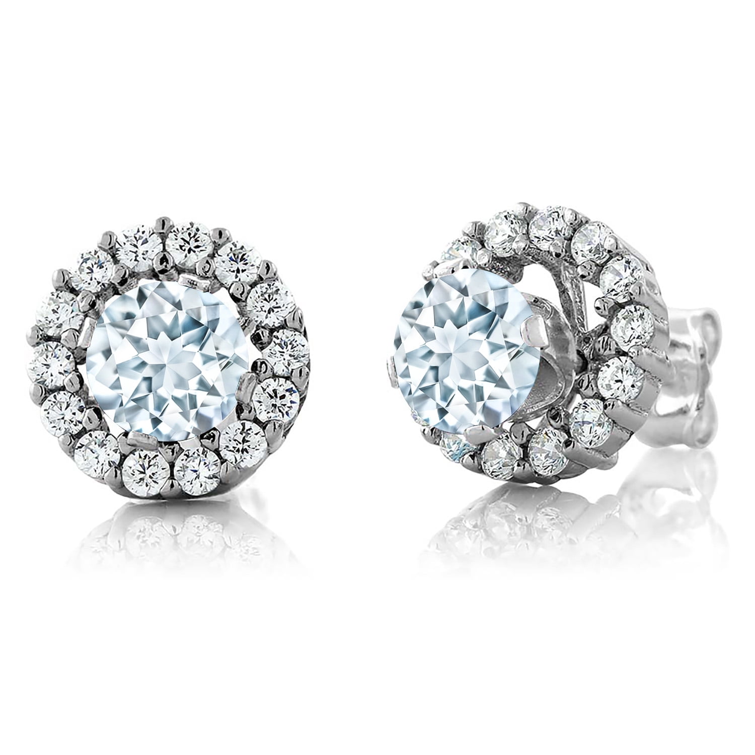 Gem Stone King 1.29 Ct Round Sky Blue Aquamarine Gemstone 925 Silver Stud Earrings with Jackets