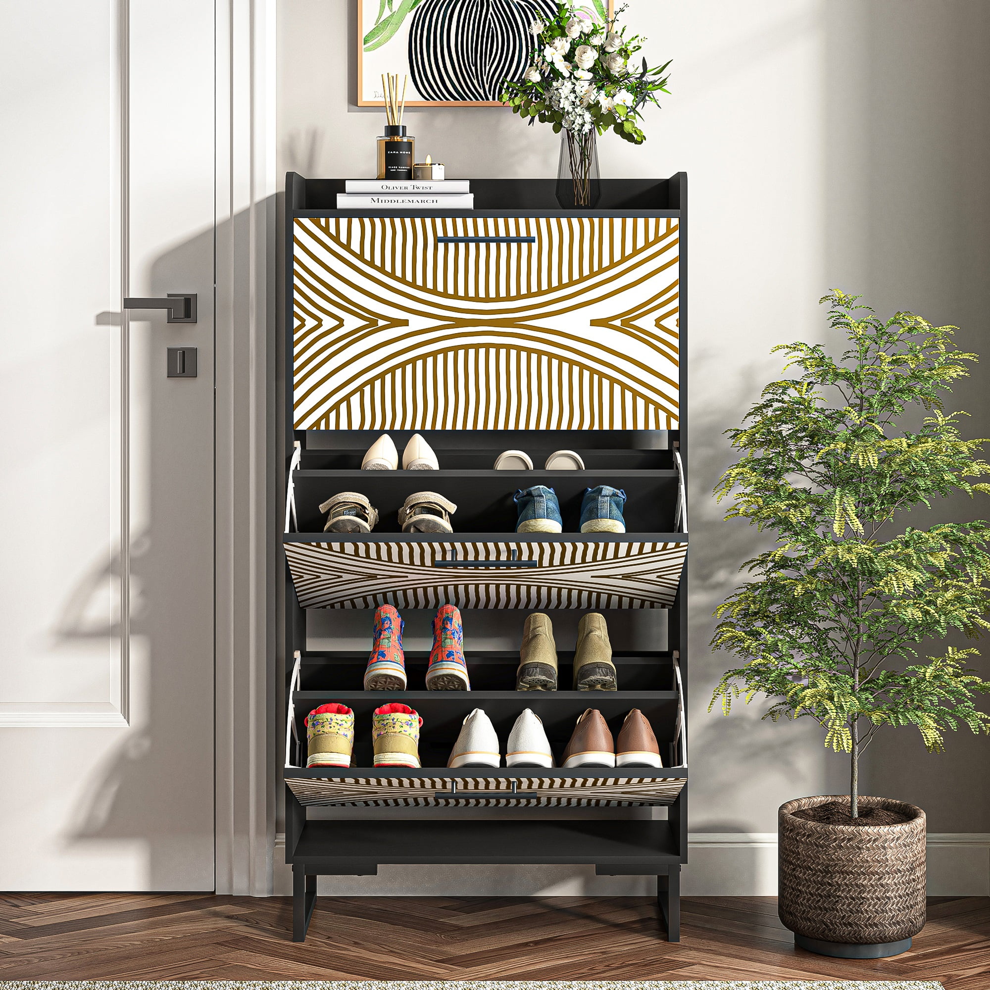 YYAo Entryway Shoe Cabinet, Shoes Storage Organizer Narrow Shoe Storage Rack with Flip Doors, Tipping Bucket Shoe Cabinet for Closet, Living Room, Black YYAo Entryway Shoe Cabinet, Shoes Storage Organizer Narrow Shoe Storage Rack with Flip Doors, Tipping Bucket Shoe Cabinet for Closet, Living Room, Black