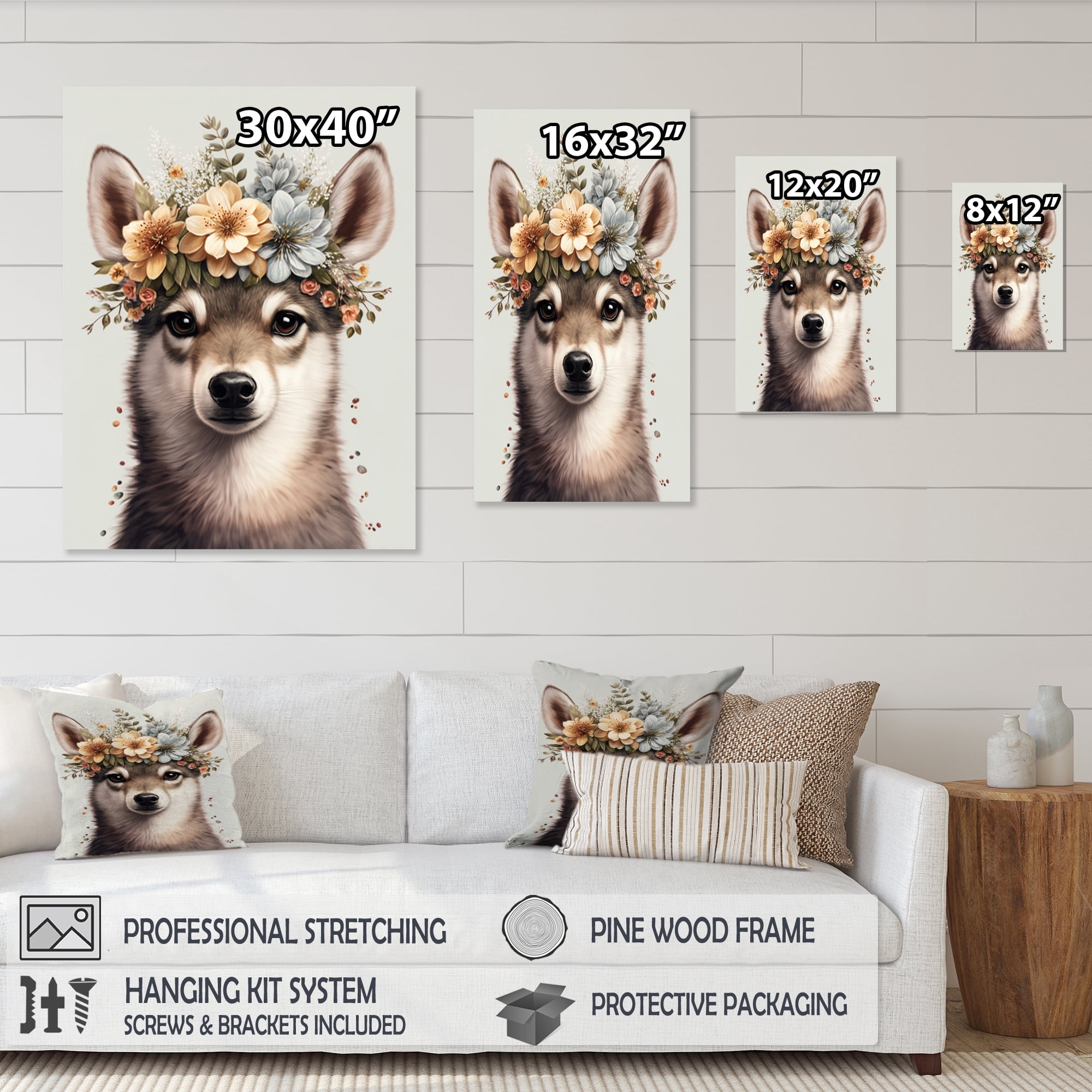 Designart Cute Baby Huskie With Floral Crown Canvas Wall Art