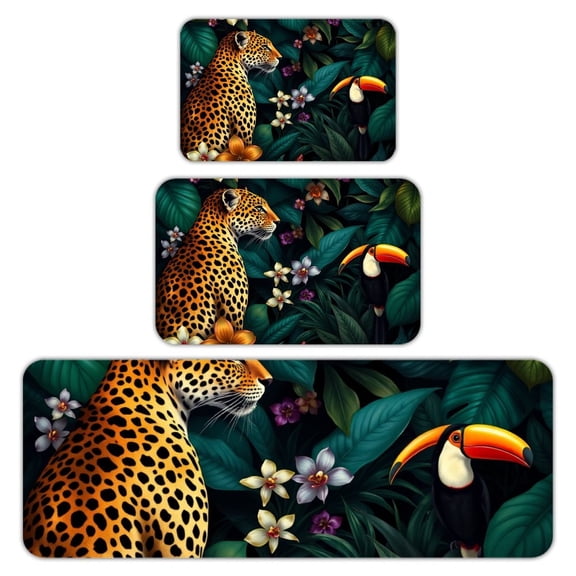 RKSupls Kitchen Rug Set 3 Piece Anti-Slip Flannel Floor Mats, Leopard Toucan Tropical Washable Absorbent Runner Mats for Kitchen Bathroom Home Decor