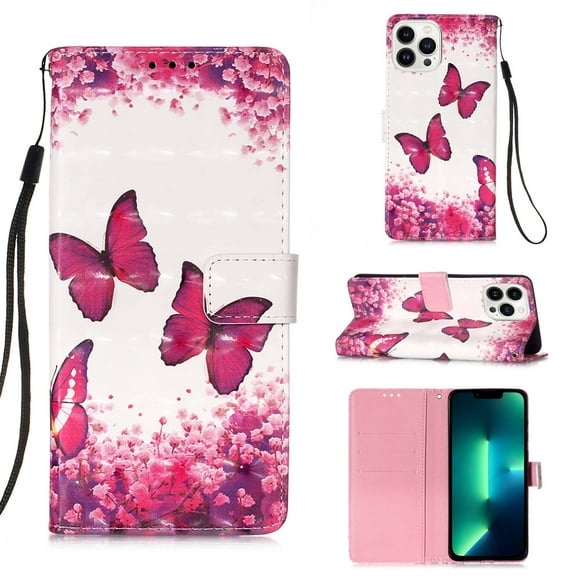 K-Lion Wallet Case for iPhone 14 Pro Max 6.7 inch Cute for Women Premium PU Leather Flip Cover with Lanyard Camera Protector Card Holder Stand Protective Phone Case Cover, Pink Butterfly