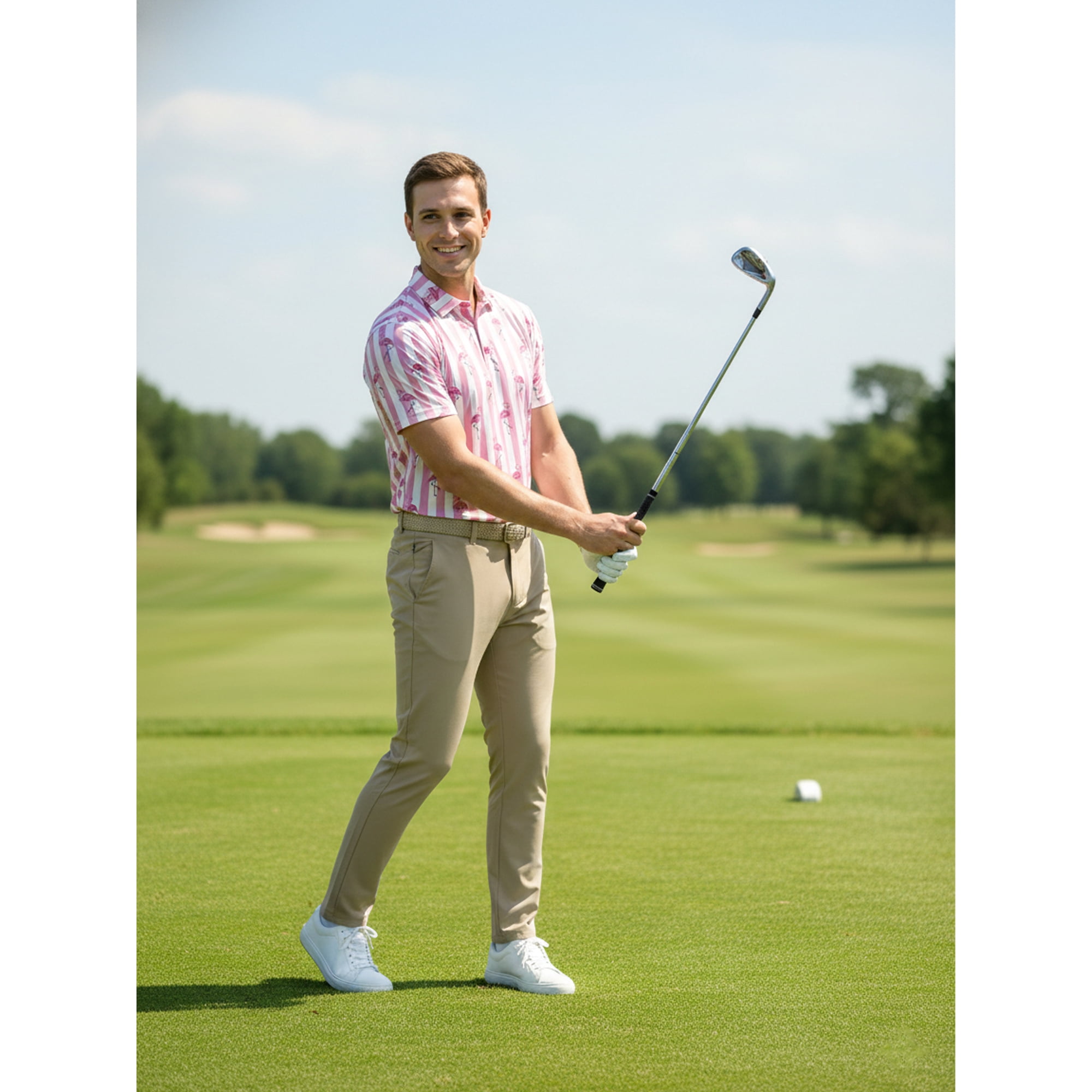 Birdie Bound Men's and Big and Tall Men's Beverly Flamingo Print Polo Shirt, Sizes XS-4XLT