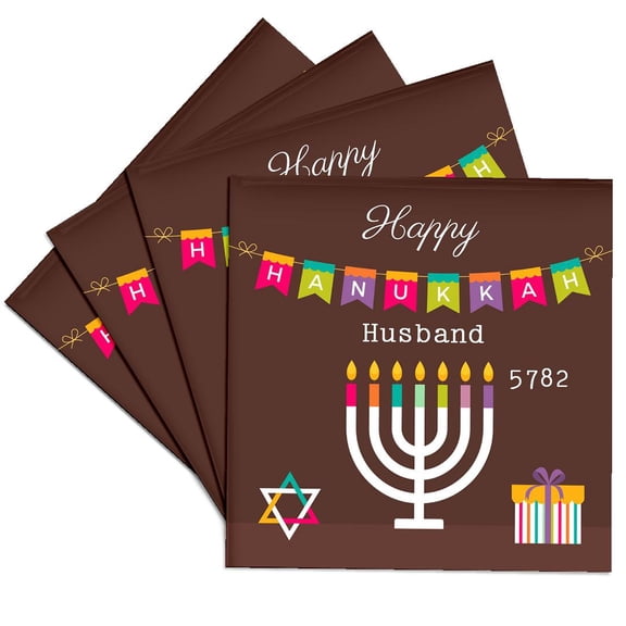 3drose, Image of Happy Chanukah Husband with Present Menorah Colorful, Set of 4 Ceramic Tile Coasters