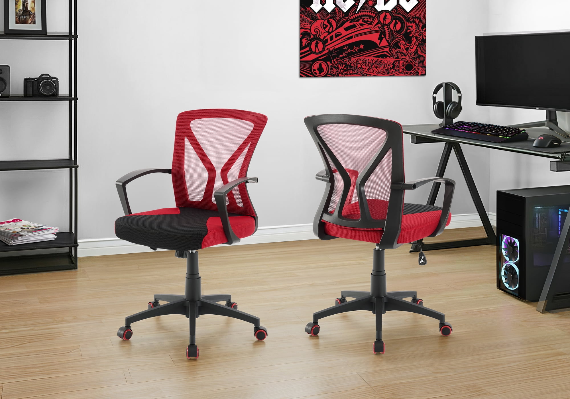 Monarch Specialties - Chaise De Bureau, Hauteur Réglable, Pivotant, Ergonomique, Accoudoir, Bureau Informatique, Travail, Maille Rouge, Métal Noir, Contemporain, Moderne