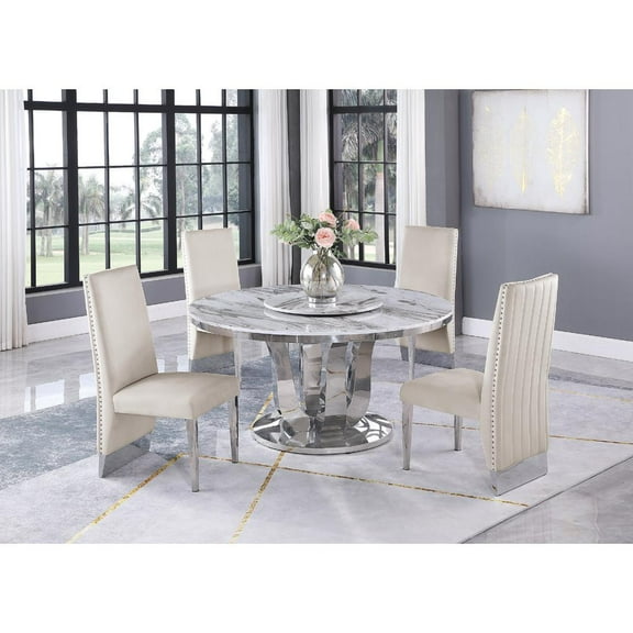 6pc. White Marble Dining Set with Lazy Susan and Silver Stainless Steel
