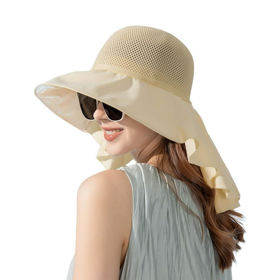 Womens Mesh Panel Wide Brim Sun Hat with Back Flap UV Protection and Tie Detail for Outdoor Activities - Beige