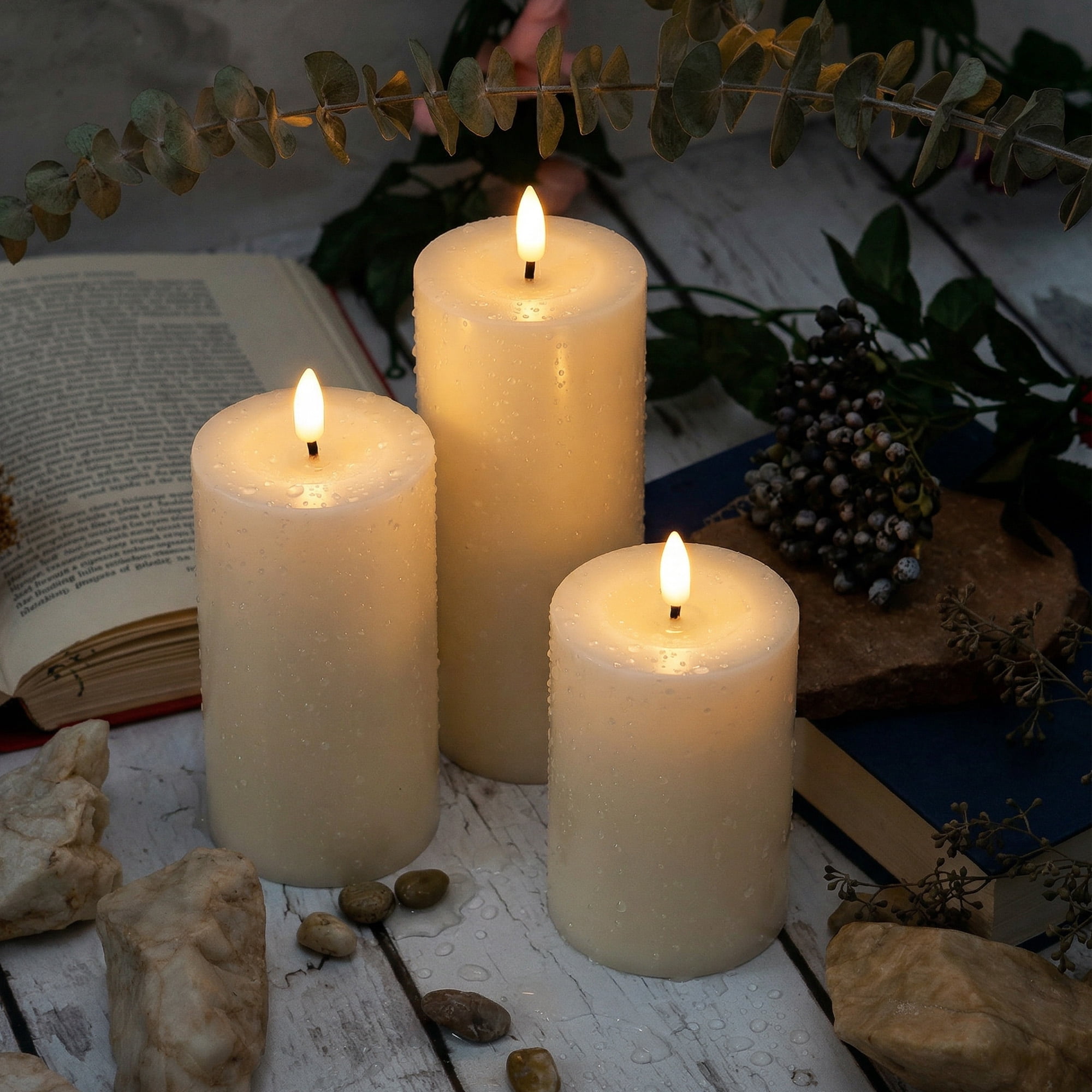 WYZworks Solar LED Flameless Pillar Candle Set of 3 – Ivory Outdoor Rechargeable Lights with Warm Flickering Wick, Weather-Resistant, Auto Dusk-to-Dawn (4", 5", 6")