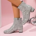 thumbnail image 3 of Women's Sparkly Sequin Dress Boots Glitter Leather Chunky Low Heel Mid Calf Short Ankle Booties for Christmas Wedding Party Silver Size 6, 3 of 7