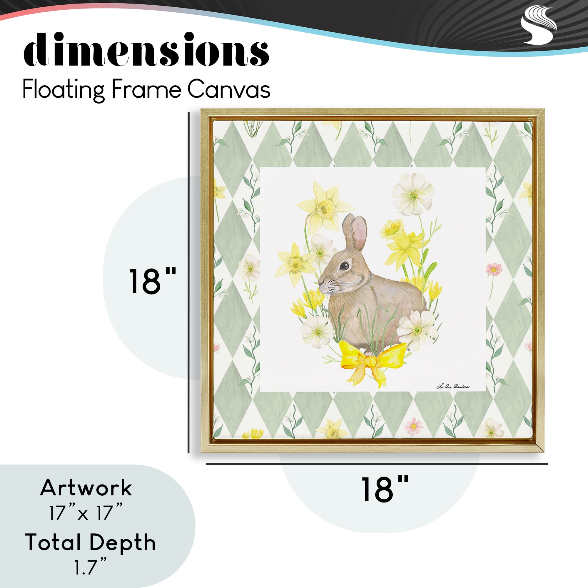 Mother Bunny on Green Argyle Gold Framed Floater Canvas Wall Art, design by Lee Ann Sanders