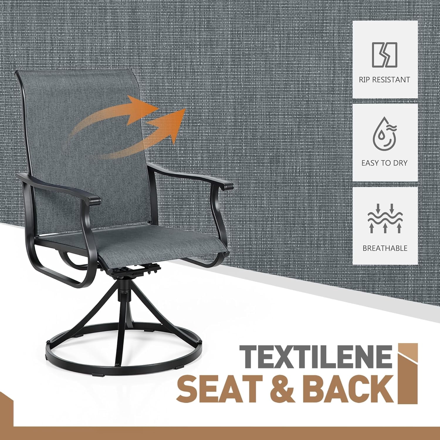 SOLAURA Patio Swivel Rocker Dining Chairs Set of 2, Outdoor Textilene Chairs for Porch, Garden, Backyard, Deck, and Lawn, Dark Gray