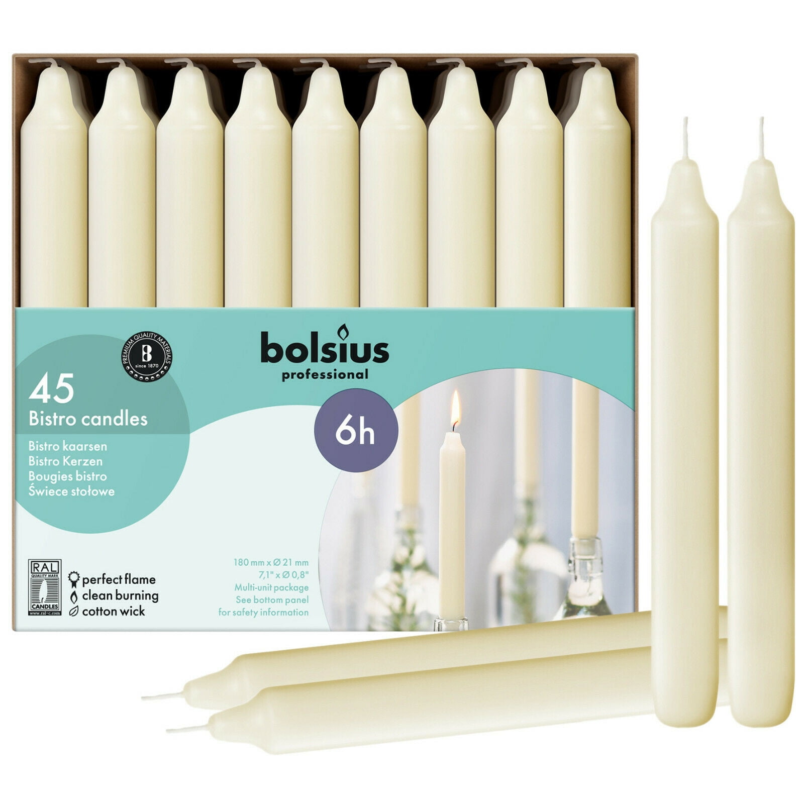 Bolsius Bistro 7in Tabletop Candles in Ivory Low Smoke and Drip Free Pack of 45 