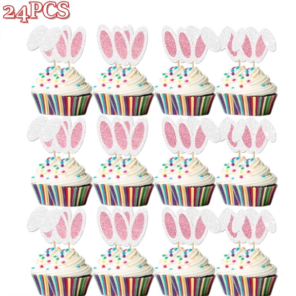 Bxaolu 24Pcs Glitter Bunny Ears Cupcake Toppers Easter Rabbit Theme Happy Birthday Cupcake Picks for Bunny Happy Easter Baby Shower Birthday Spring Easter Party Cake Decorations