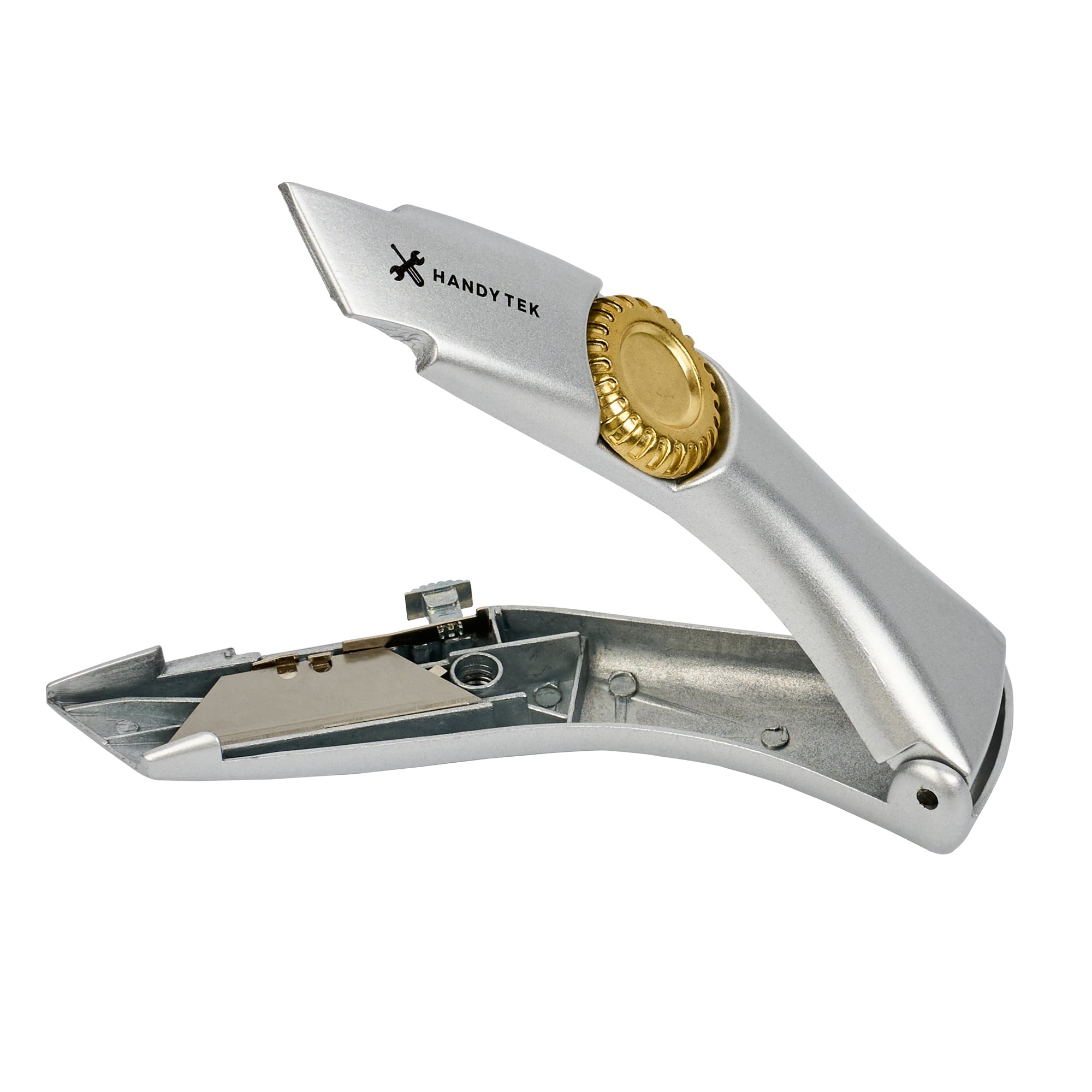 Handy Tek Quick Change Blade Razor Knives, 6 Folding Utility Knives - Includes 6 Sharp Blades, 19 mm Wide, Silver Zinc Box Cutters, Wheel Lock Design, Heavy-Duty - Restaurantware