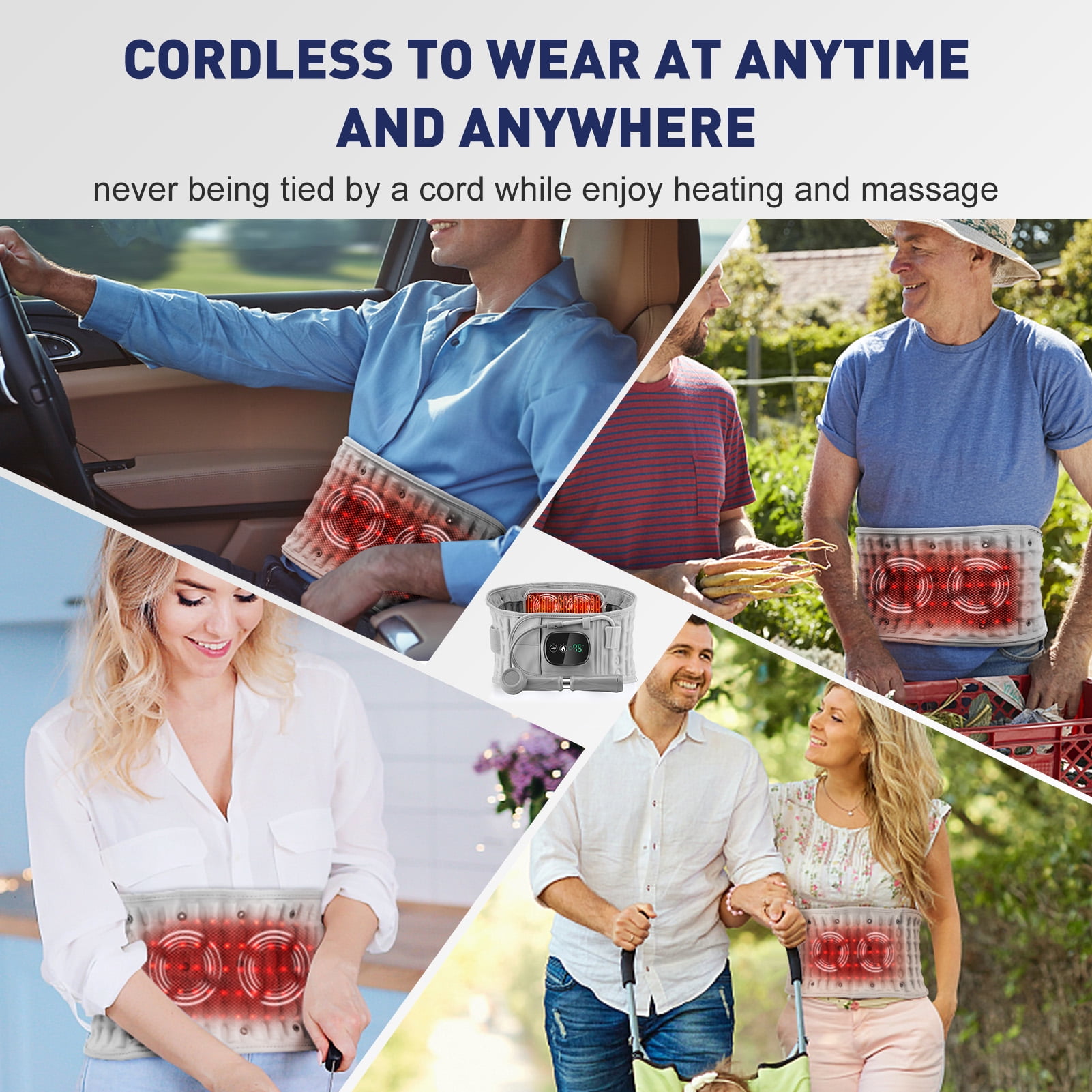 Cordless Heated Back Belt Brace for Relax, Heated Pad, Decompression Back Belt, Lumbar Support Belt with Heat & Vibration,Heated Waist Belt Massaager for Women & Men