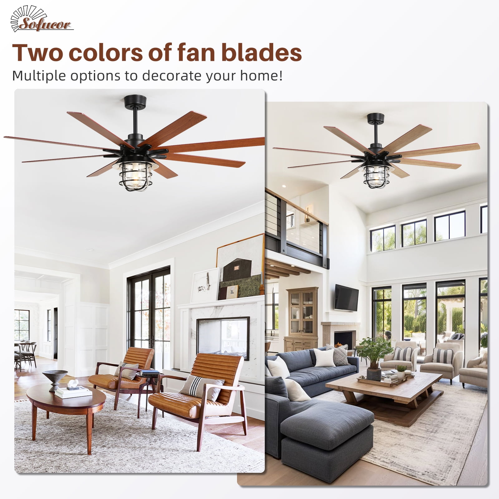 Sofucor 66 Inch Farmhouse Ceiling Fan with Light and Remote Control
