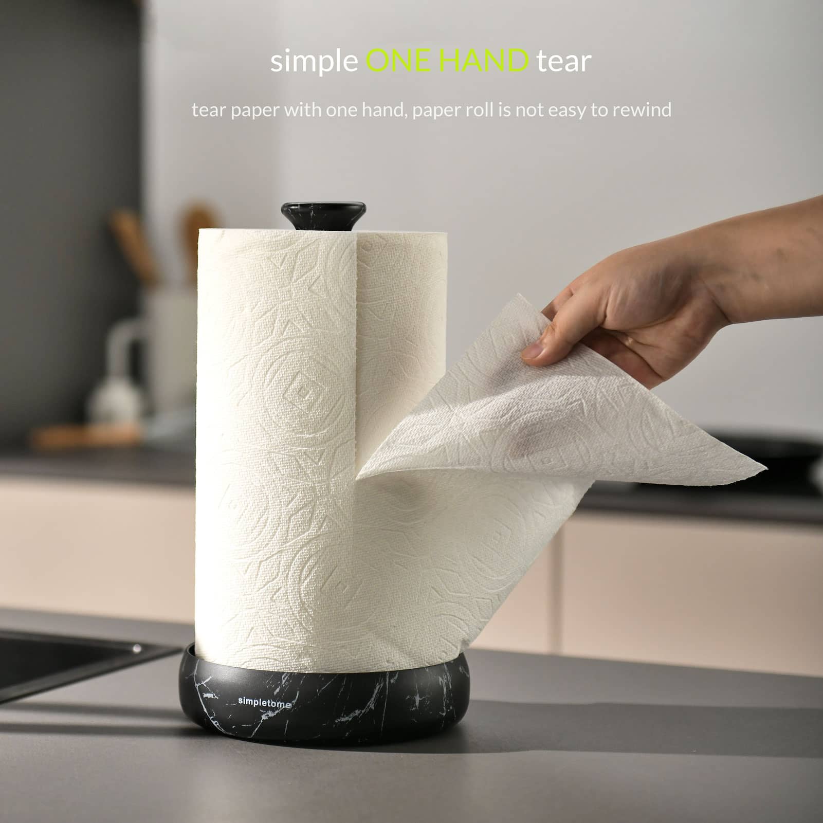 simpletome Paper Towel Holder Countertop ONE HAND Tear Keep It Rolled Up Weighted Base