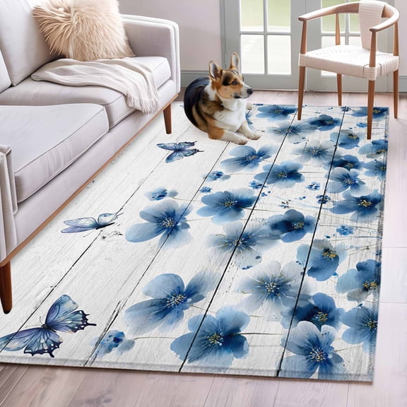 Kitchen Mats for Floor 3x5 Ft, Navy Blue Floral Non Slip Area Rugs for Kitchen Bedroom Entryway, Spring Flowers Butterflies Wooden Washable Carpet Runner Rug Floor Mats for Bedroom Home Decor