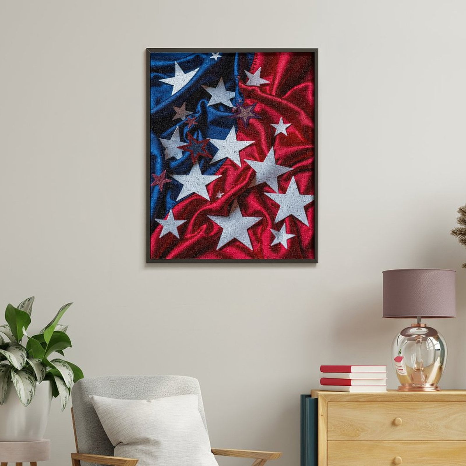 Paint by Numbers Kit for Adults, Red Blue White Stars Satin Fabric Paint by Numbers, Easy Paint by Numbers Kit for Adults Beginner, DIY Adult Paint by Number Kits on Canvas, Home Decor