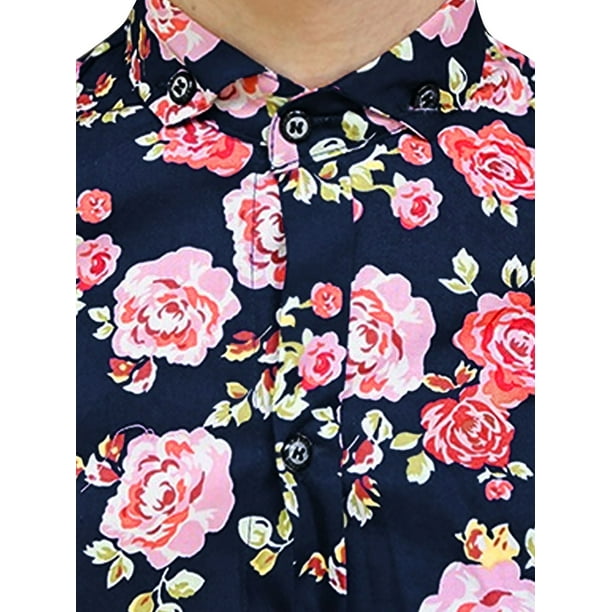 Men Slim Fit Floral Print Short Sleeve Button Down Hawaiian Shirt
