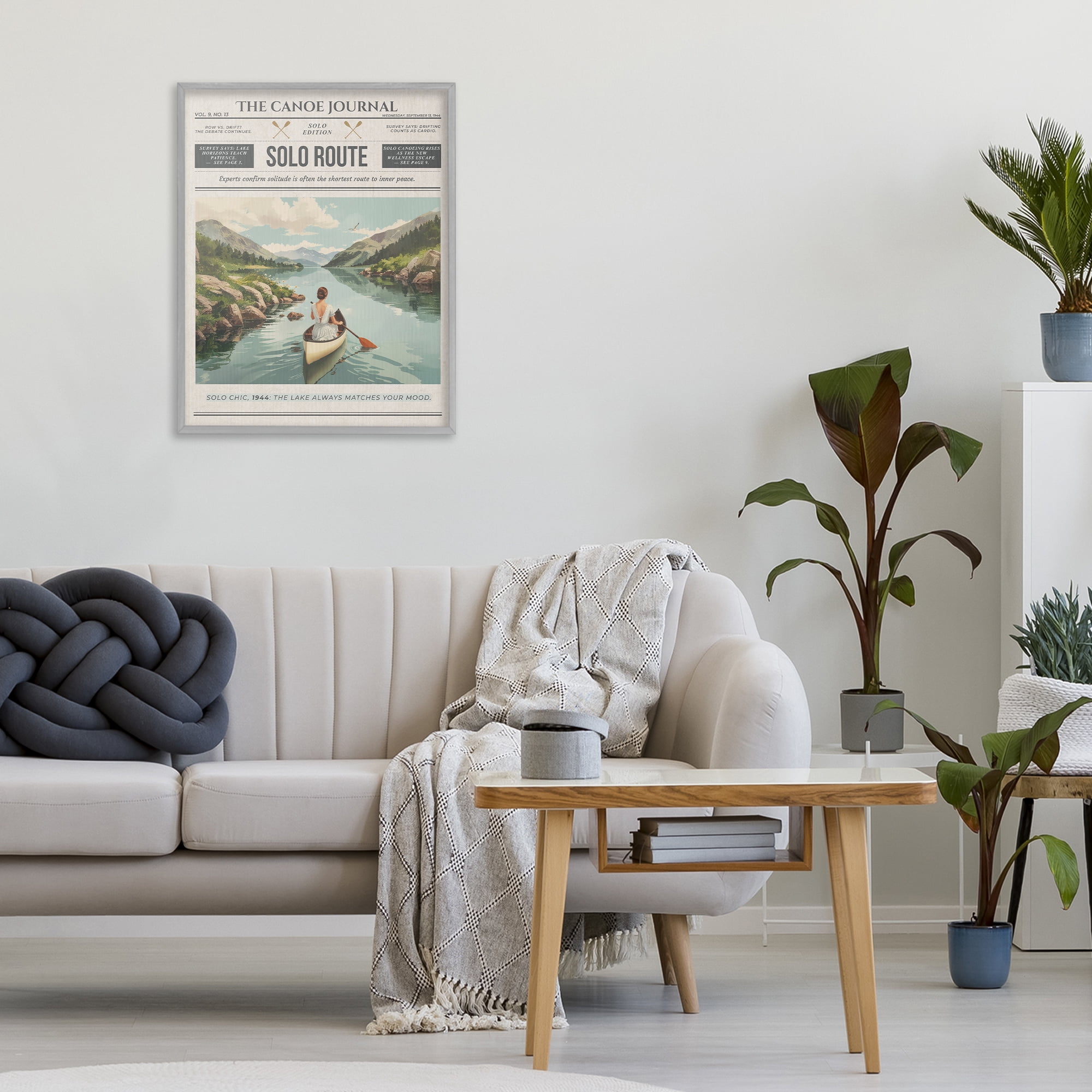 Stupell Industries Canoe Journal Newspaper Gray Framed Giclee Art, design by A Barefoot Stylist