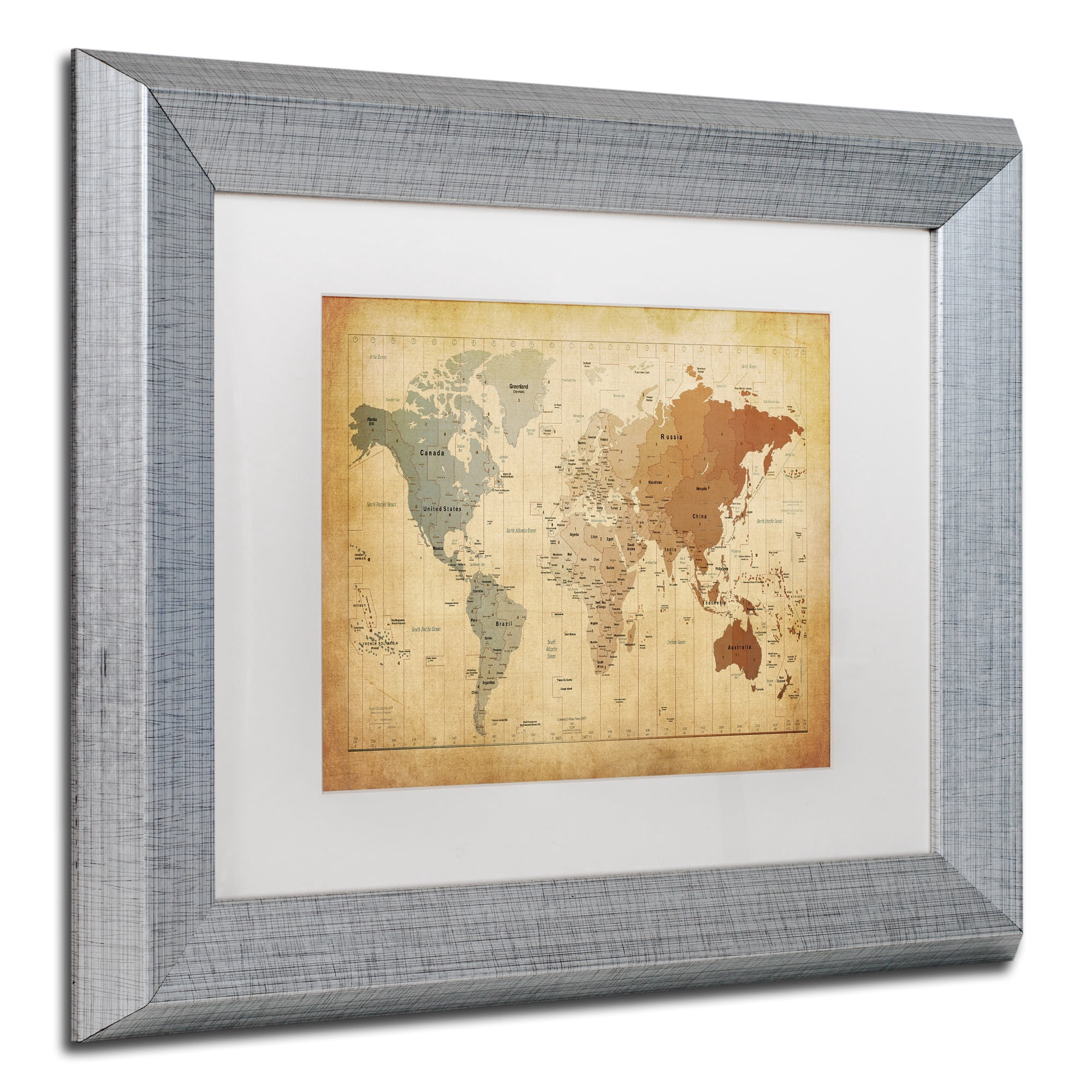 Trademark Fine Art ''Time Zones Map of the World'' by Michael Tompsett 16" x 20" White Matted Silver