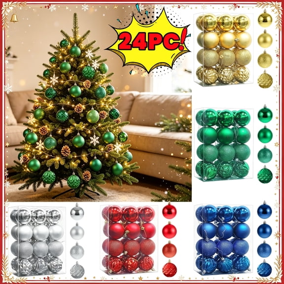 Fllostpr 24PC Electroplated Christmas Ball Ornaments, Shatterproof Hanging Decor Set for Xmas Tree Wreath Garland Party Indoor, Green 1.2"