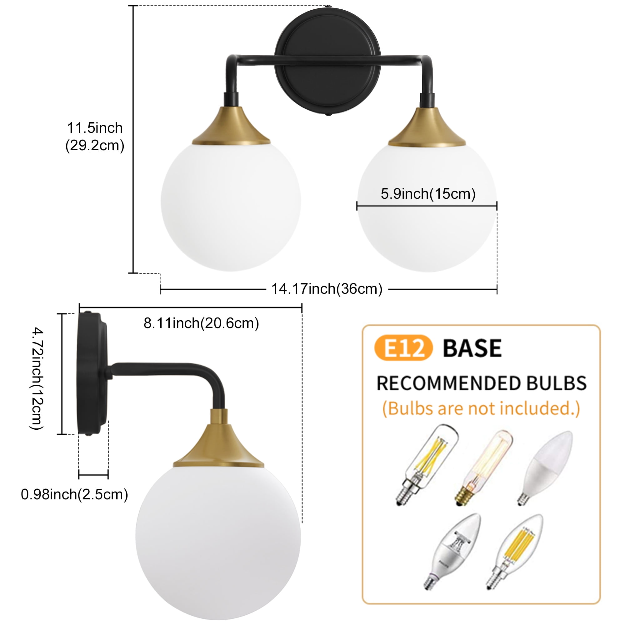 Deyidn 2-Light Black and Gold Modern Vanity Light, 14 Inch Dimmable Bathroom Light Fixture with Opal Glass Globes for Mirror