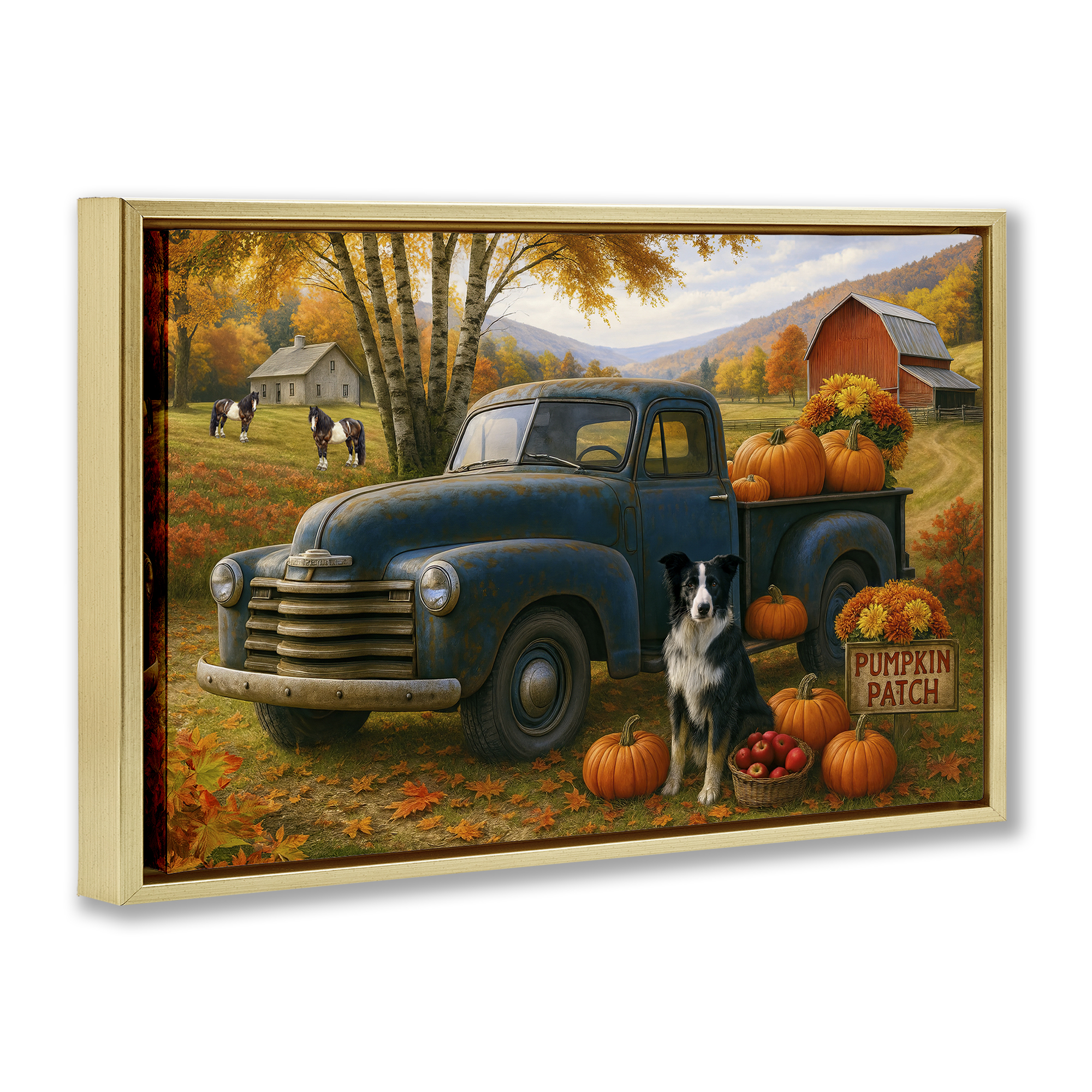 Autumnal Farmland Collie Dog Gold Framed Floater Canvas Wall Art, design by Tom Crehan
