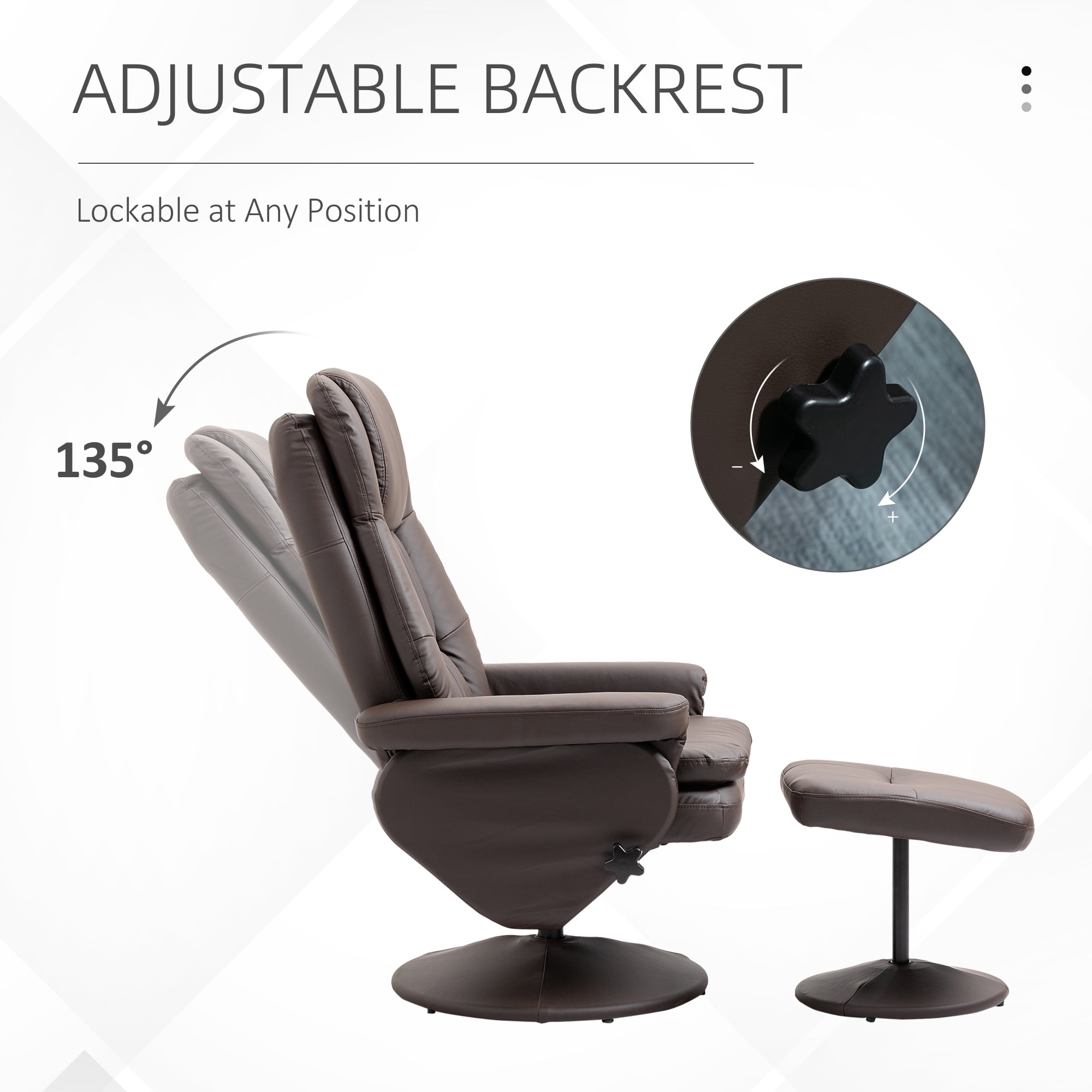 Brown PU Leather Recliner Office Chair with Ottoman, 135° Recline, 360° Swivel, High Back, Steel Frame