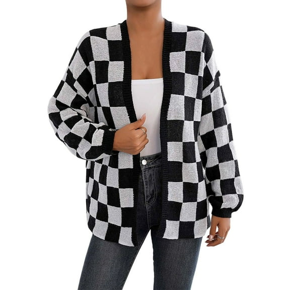 Cnbwig Womens Cardigan Open Front Casual Sweater Plaid Printed Oversized Knit Knit Soft Coat Warm Fall Winter Outerwear Trendy Fall Shirts Fashion Coats A-Black L