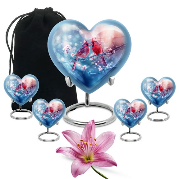 KARYLIZ Urns With Cardinals For Human Ashes - Funeral Decorative Urn for Human Ashes Men & Women - Cremation Keepsake Heart Urn - Urns For Human Ashes Adult Man (Combo - 8 Inch & 3 Inch, Set of 5)