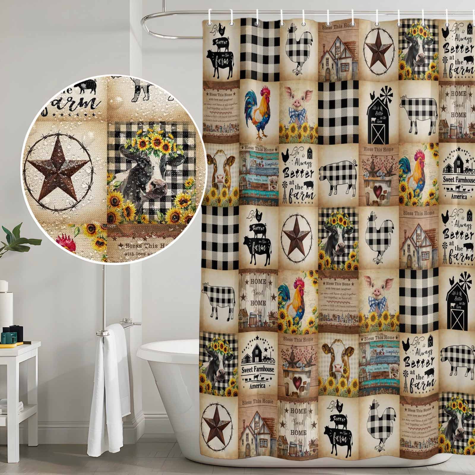 Vintage Rustic Farmhouse Plaid Shower Curtain Set with Hooks, Farm Animals Barn Stars Waterproof Fabric Bathroom Curtains Decor Home Accessories,72X 96 Inch Extra Long