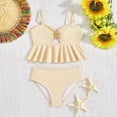 thumbnail image 4 of Ticikt Girl's 2 Piece Tankini Swimsuit with Metal Decoration Textured Twist Front Ruched Ruffle Bikini Set Bathing Suits,Color:Beige,Size:5-6 Years, 4 of 8