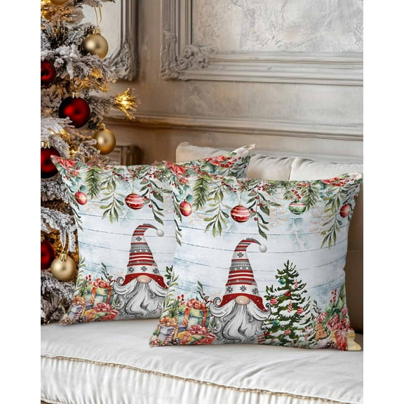 Christmas Decorative Throw Pillow Covers 18x18 Inch Set of 2 Gnome Pillow Cases for Couch, Wood Grain Christmas Balls Poinsettia Cushion Case for Living Room Bedroom Bed Car Chair