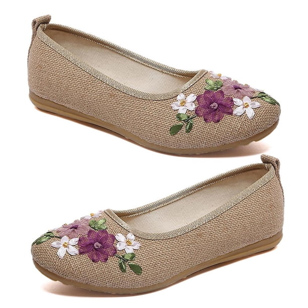 Zapatos planos bordados vintage para mujer con flores y punta redonda