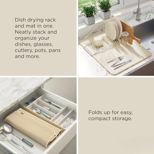 330720-354 UDRY Rack and Microfiber Dish Drying Mat-Space-Saving Lightweight Design Folds Up for Easy Storage, Standard, Linen