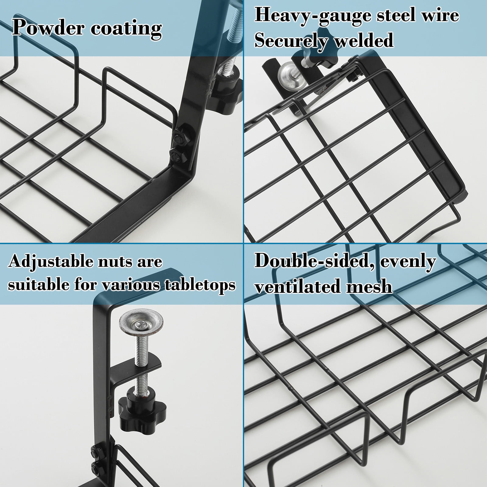 No Drill Under Desk Cable Organizer Shelf - Stainless Steel Adjustable Clamp for Office Computer Desk, Damage-Free Installation, Cable Management Solution